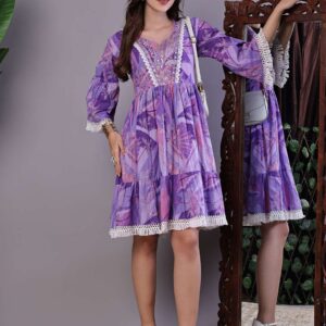 Wome's Purple Floral Cotton A-Line Dress with Lace Detailing Midi Dresses